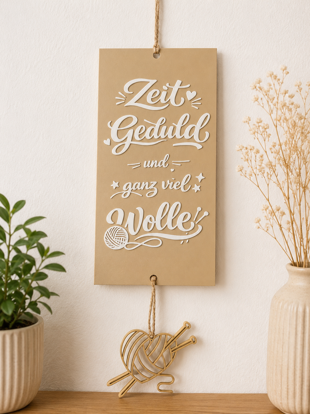 Zeit, Geduld und ganz viel Wolle | Strick Deko | Geschenk für Strickfans | 3D Druck Wanddeko